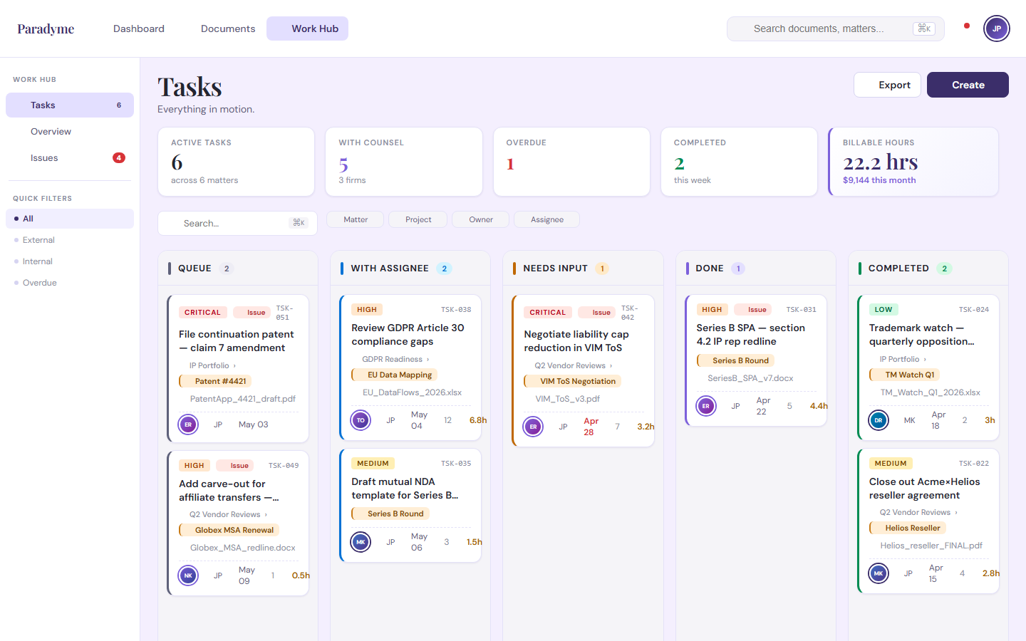 Paradyme Work Hub: matter kanban with columns To do, In progress, Blocked, Done and task-to-clause links